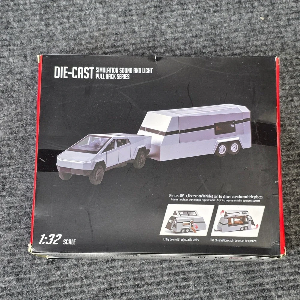 Che Zhi Die-Cast Cybertruck with RV Trailer & ATV 1:32 Silver Sound & Light NIB
